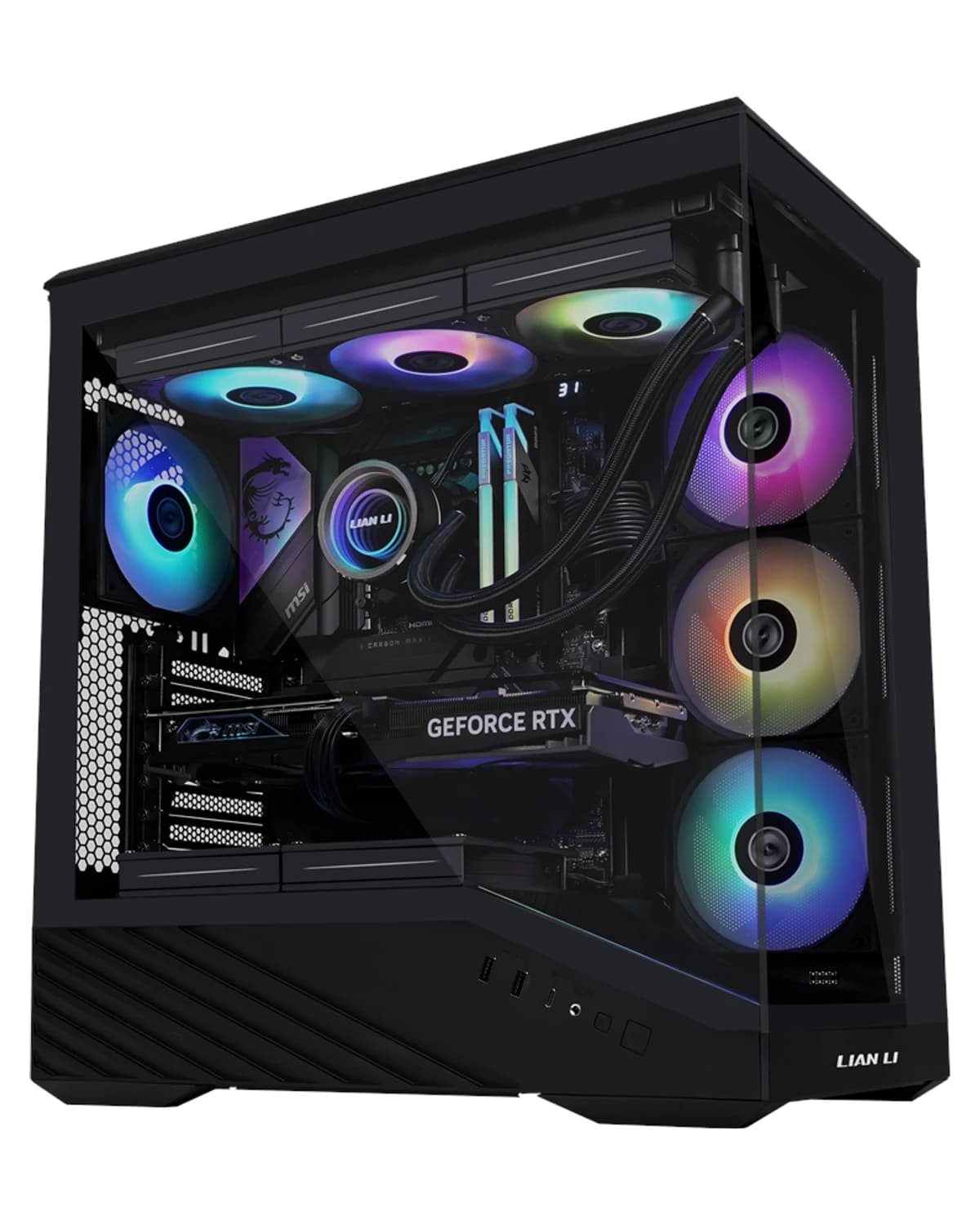 Gamingdator med RTX 5070 och AMD Ryzen 7 9800X3D och 32 GB DDR5 — helhetsvy