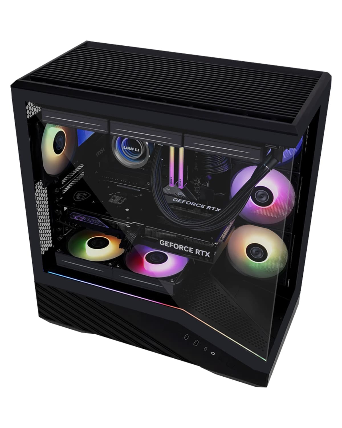 Gamingdator med RTX 5060 och Intel Core Ultra 5 250K Plus och 16 GB DDR5 — sidovy med RGB-belysning och tempered glass