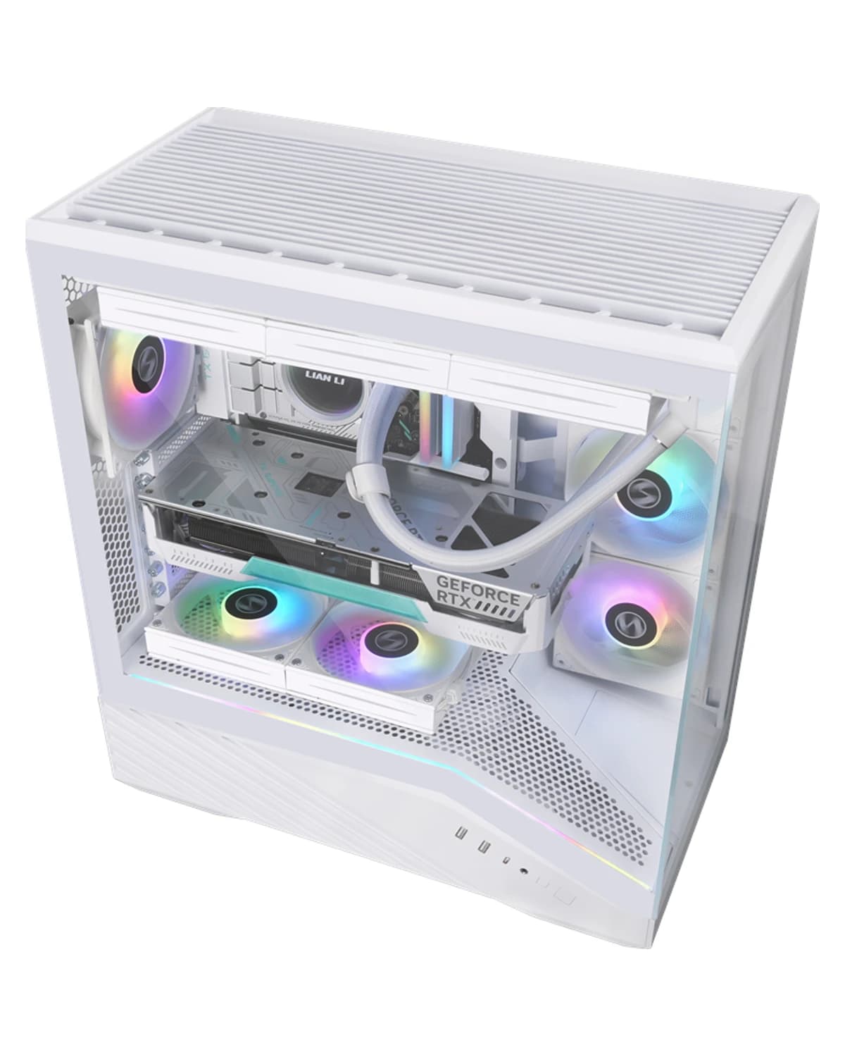 Gaming PC with RTX 5060, AMD Ryzen 5 9600X, 16 GB DDR5 — side view with tempered glass side panel and RGB lighting