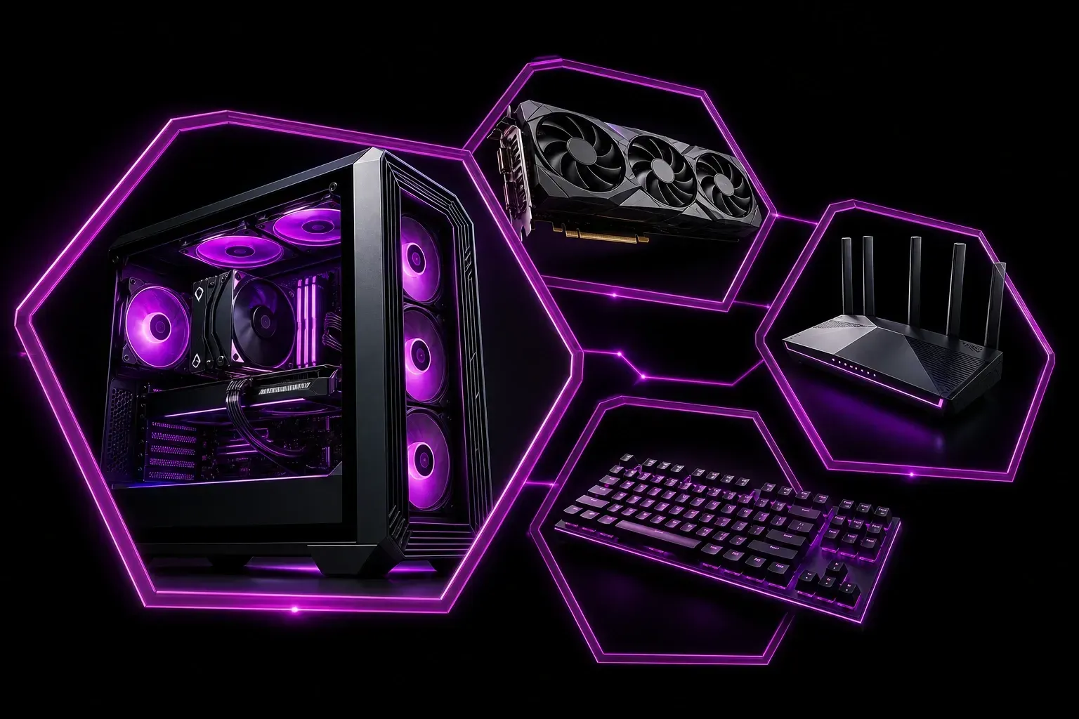 Illustration av butikskategorier hos Datorhjälp Lerum — gaming, laptops, tillbehör och paket
