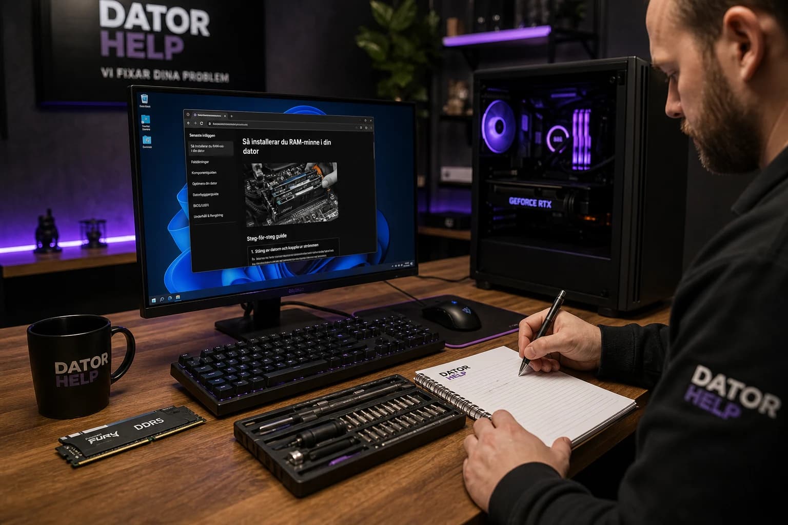 Fotografi från Datorhjälp Lerums verkstad — tekniker skriver guider vid gaming-PC och Windows-dator