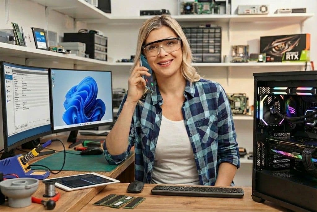 Tekniker på Datorhjälp Lerum ger telefonsupport i verkstaden med datorer och verktyg i bakgrunden Tekniker på Datorhjälp Lerum ger telefonsupport i verkstaden med datorer och verktyg i bakgrunden