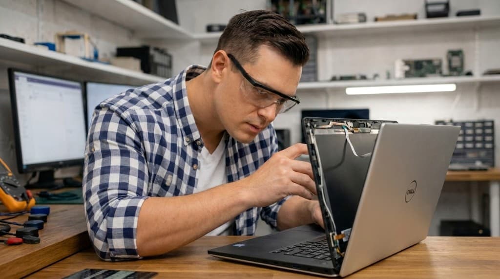 Tekniker reparerar sprucken laptopskärm med verktyg i verkstaden hos Datorhjälp Lerum — Nödinge Tekniker reparerar sprucken laptopskärm med verktyg i verkstaden hos Datorhjälp Lerum — Nödinge