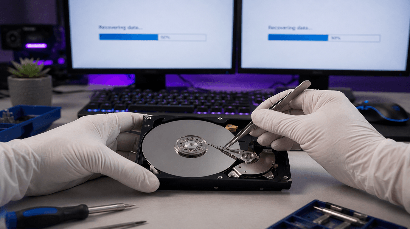 Tekniker utför professionell dataräddning på öppnad hårddisk i ren miljö hos Datorhjälp Lerum — Askim Tekniker utför professionell dataräddning på öppnad hårddisk i ren miljö hos Datorhjälp Lerum — Askim