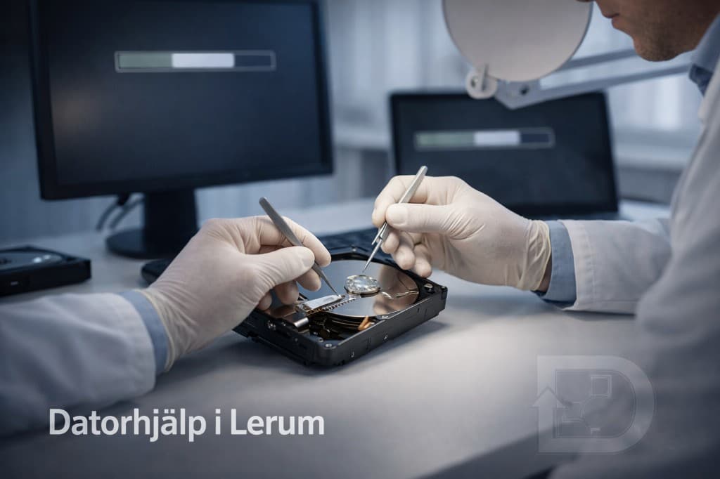 Recuperación de datos en Lerum — técnico manipulando disco duro y SSD dañados — Borás Recuperación de datos en Lerum — técnico manipulando disco duro y SSD dañados — Borás