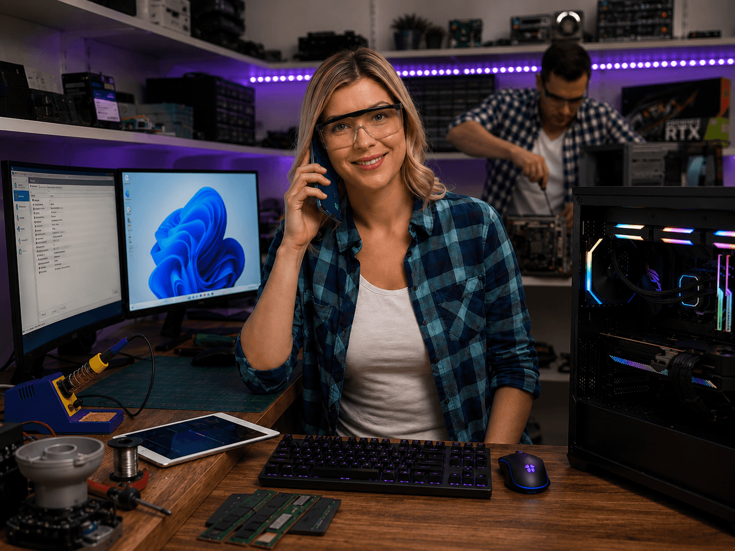 Técnica al teléfono mientras un colega repara un PC gaming en el taller de Datorhjälp Lerum Técnica al teléfono mientras un colega repara un PC gaming en el taller de Datorhjälp Lerum