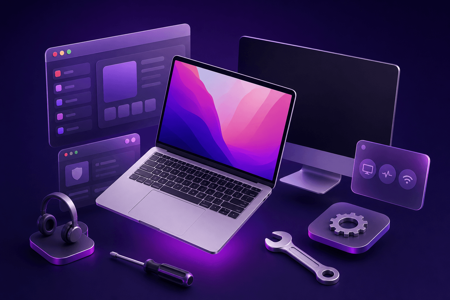 3D-illustration av Mac-support — MacBook och iMac med verktyg hos Datorhjälp Lerum — Borås 3D-illustration av Mac-support — MacBook och iMac med verktyg hos Datorhjälp Lerum — Borås