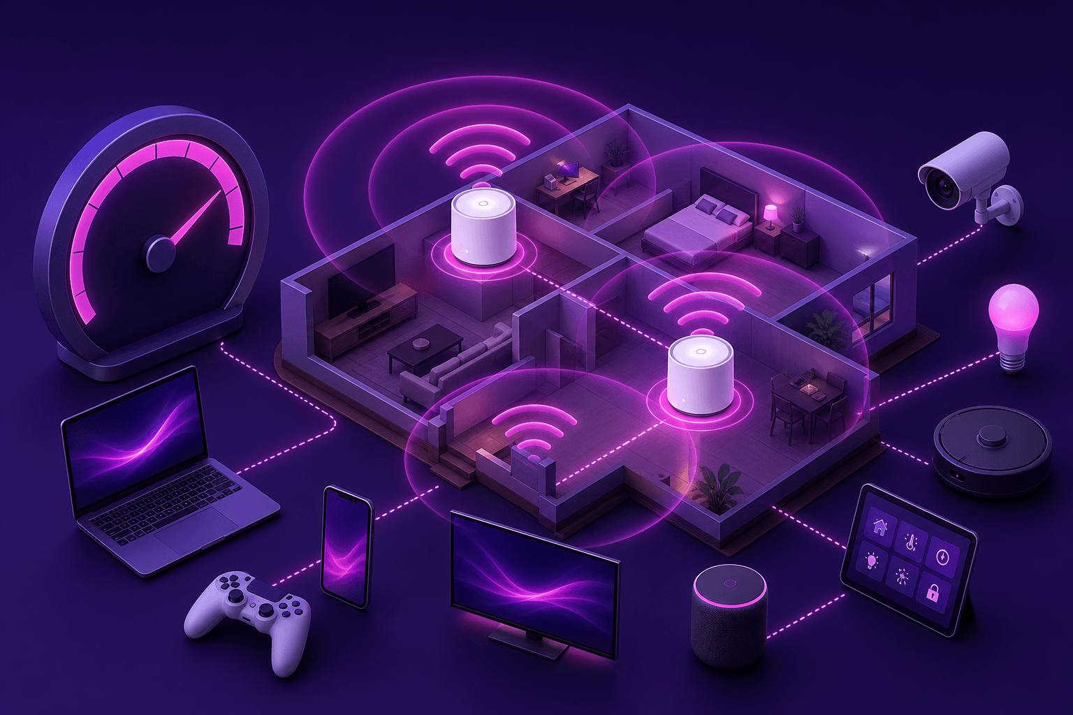 3D-illustration av WiFi och nätverk — mesh-router och signaler hos Datorhjälp Lerum — Kungsbacka 3D-illustration av WiFi och nätverk — mesh-router och signaler hos Datorhjälp Lerum — Kungsbacka