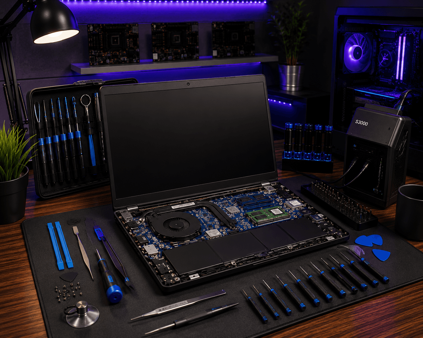 Laptop repair in Lerum — laptop with tools for screen, battery and diagnostics Laptop repair in Lerum — laptop with tools for screen, battery and diagnostics