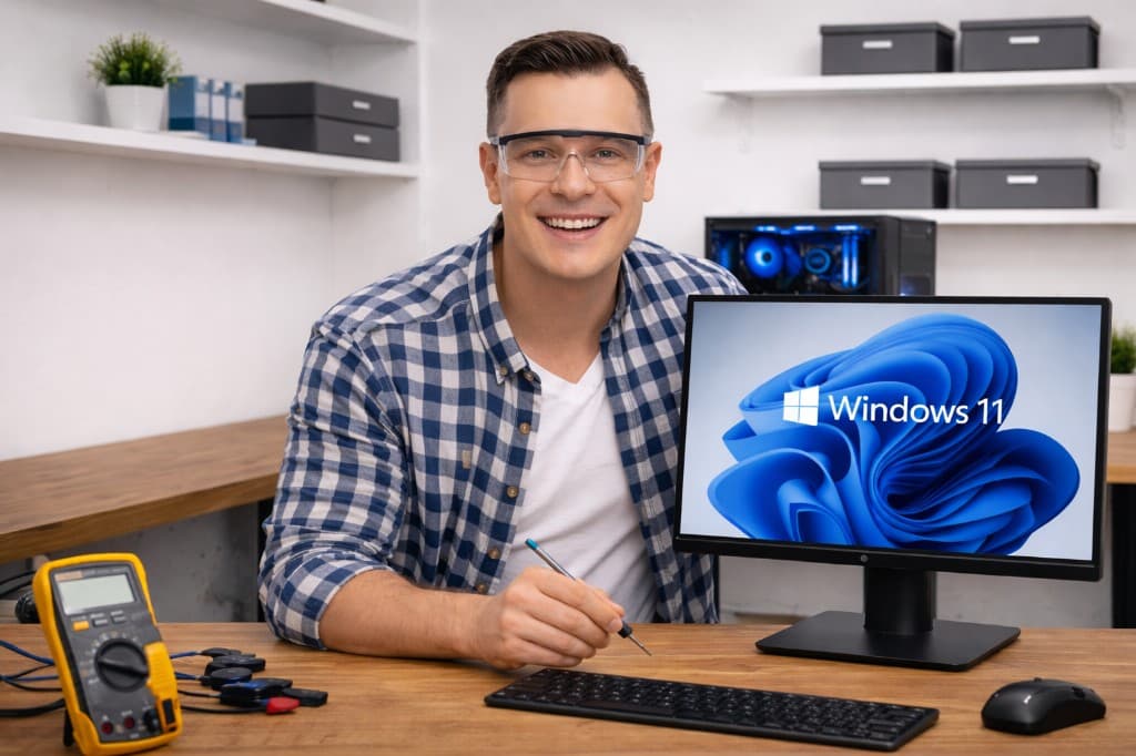 Technician installing Windows 11 on a computer at Datorhjälp Lerum workshop — Kungälv Technician installing Windows 11 on a computer at Datorhjälp Lerum workshop — Kungälv