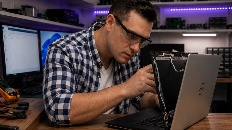 Tekniker reparerar sprucken laptopskärm med verktyg i verkstaden hos Datorhjälp Lerum