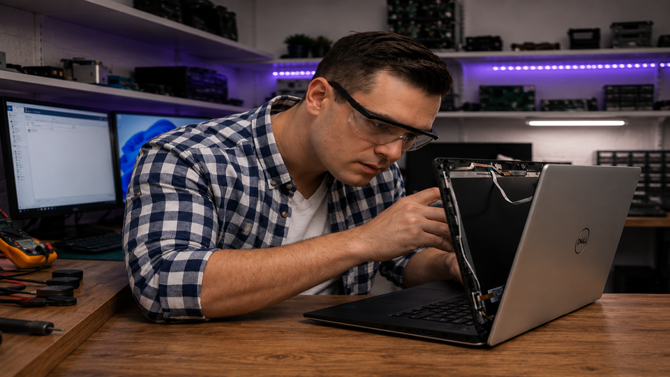 Technician repairing a cracked laptop screen with tools at Datorhjälp Lerum workshop