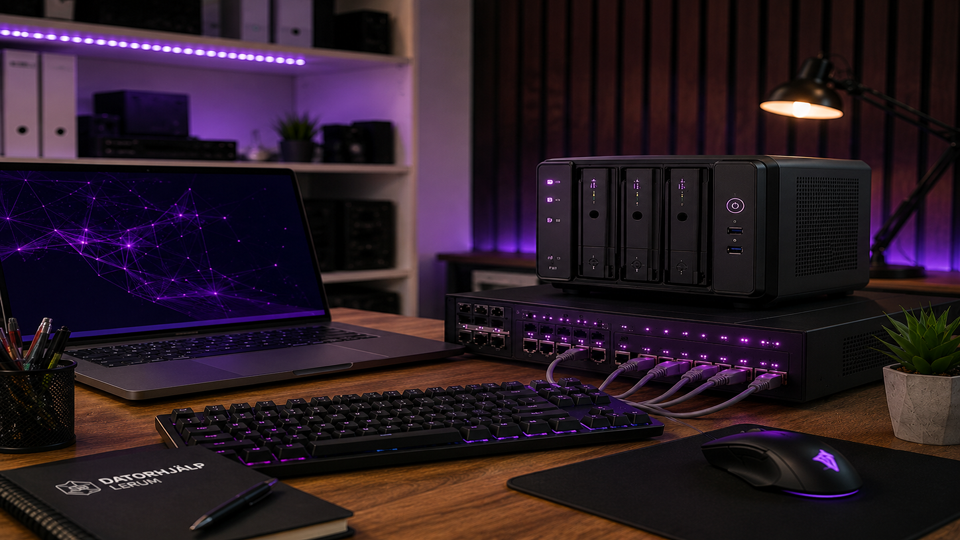 3D business IT illustration — servers, security and network at Datorhjälp Lerum