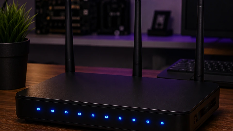 3D-illustration av WiFi och nätverk — mesh-router och signaler hos Datorhjälp Lerum