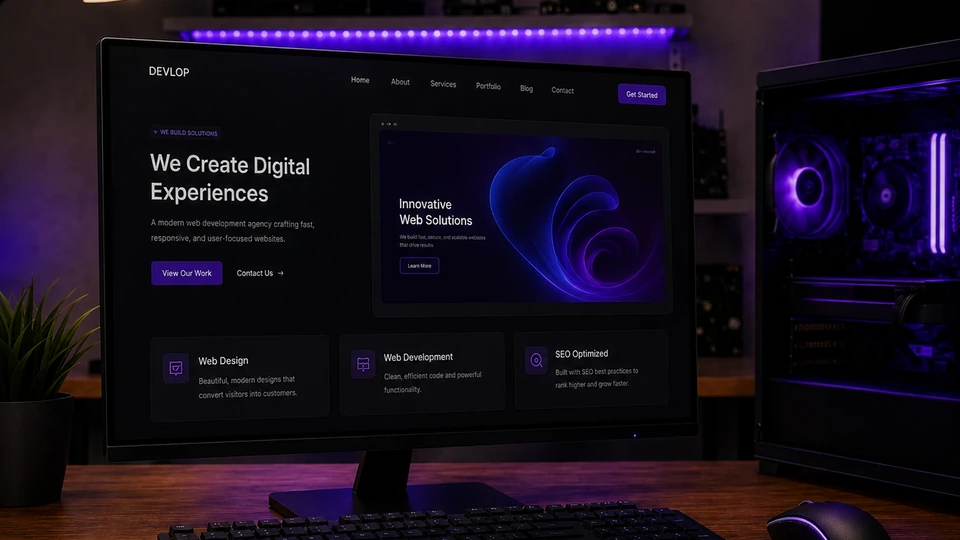 3D-illustration av webbdesign — flytande webbläsarfönster, UI-element och responsiv layout i modern stil för Datorhjälp Lerum